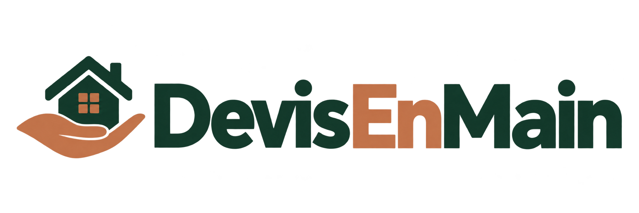 DevisEnMain, logo maison posée sur une main tendue, vert pin et cuivre
